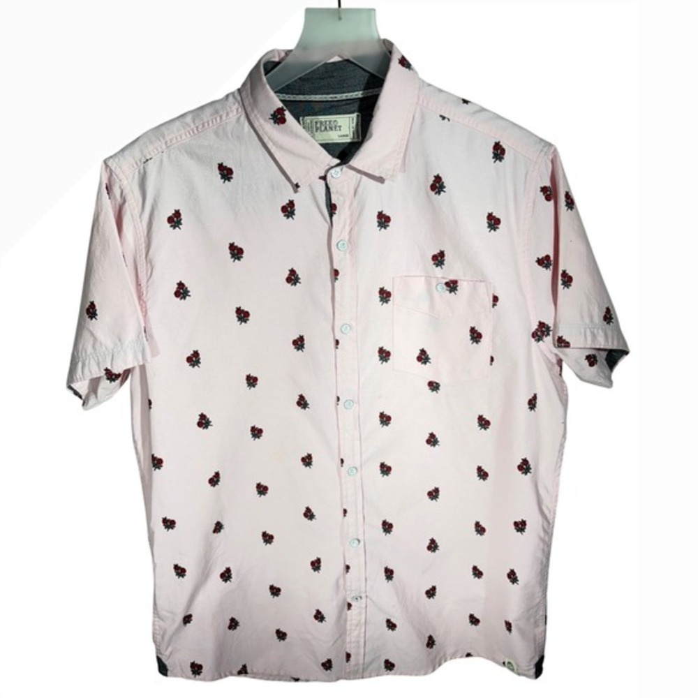 Free‎ Planet Mens Rose Floral Short Sleeve Button Down Shirt Pink Large